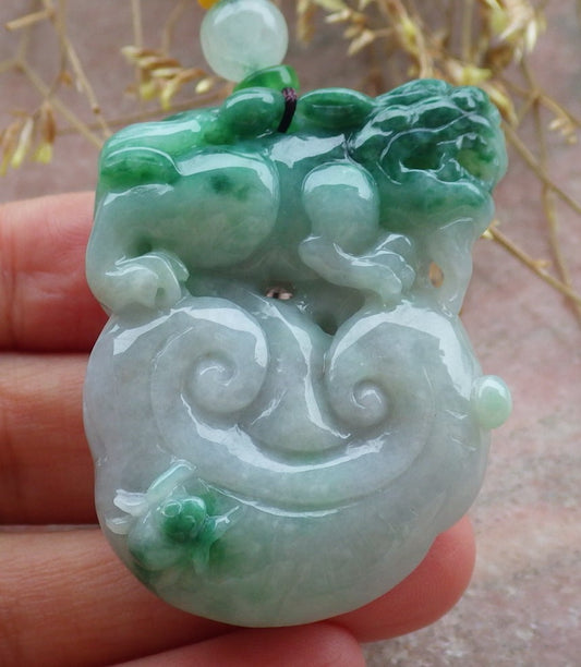 Certified Green Burma 100% Natural A Jade jadeite Pendant Dragon Pi Xiu Bead Necklace 风水貔貅 643135  TN