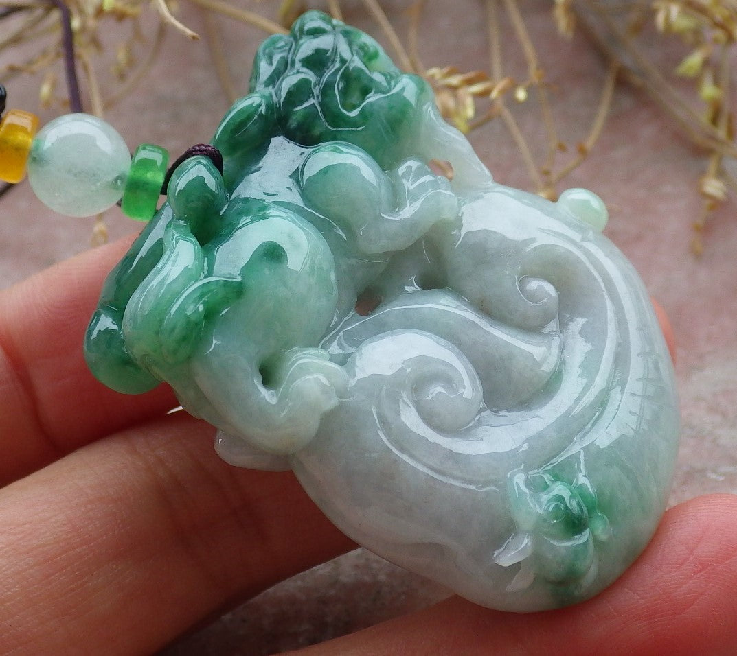 Certified Green Burma 100% Natural A Jade jadeite Pendant Dragon Pi Xiu Bead Necklace 风水貔貅 643135  TN