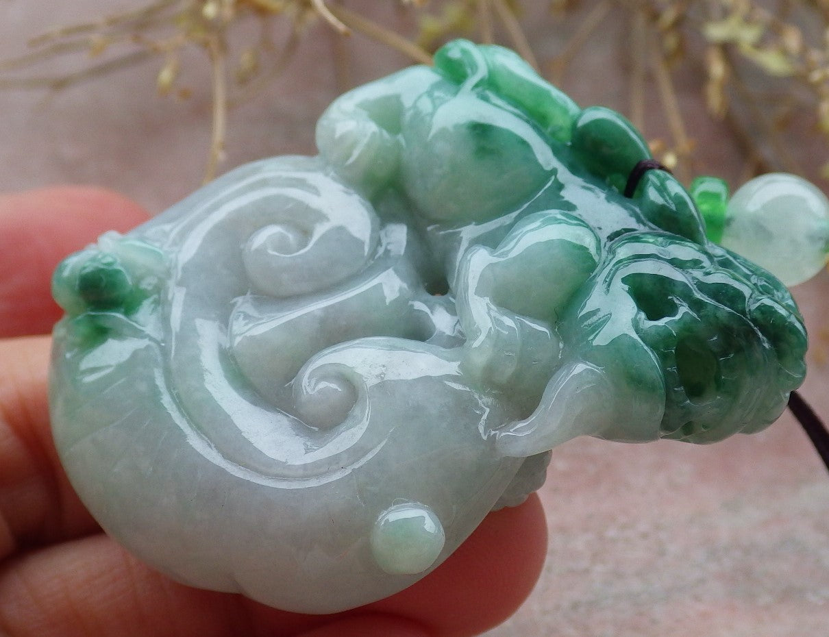 Certified Green Burma 100% Natural A Jade jadeite Pendant Dragon Pi Xiu Bead Necklace 风水貔貅 643135  TN