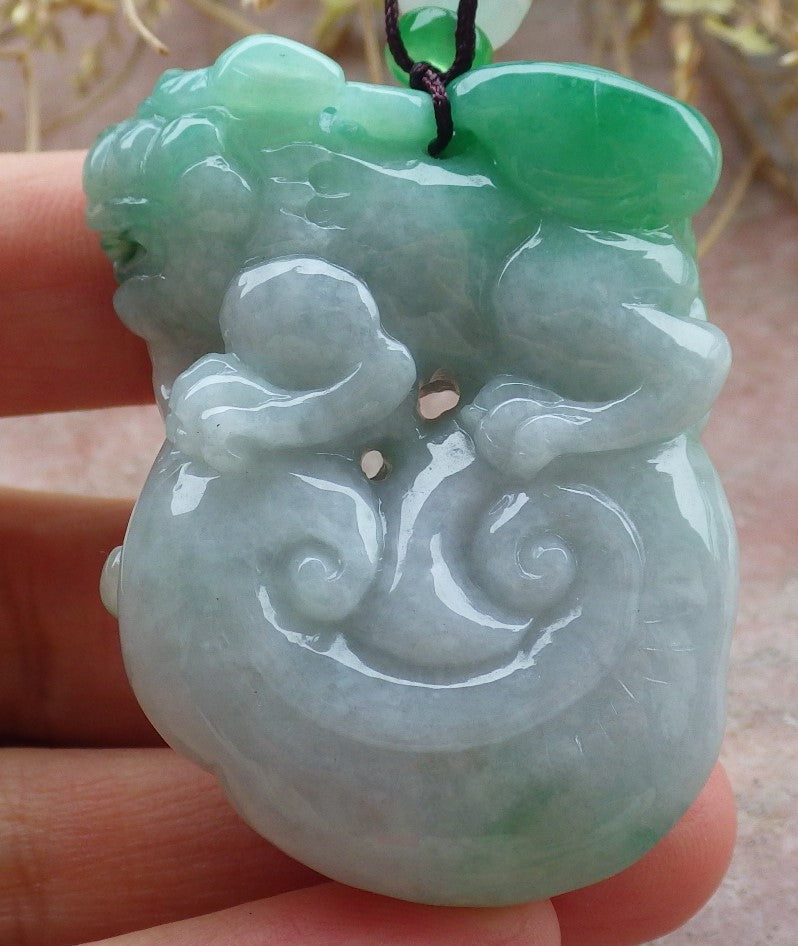 Certified Green Burma 100% Natural A Jade jadeite Pendant Dragon Pi Xiu Bead Necklace 风水貔貅 643135  TN