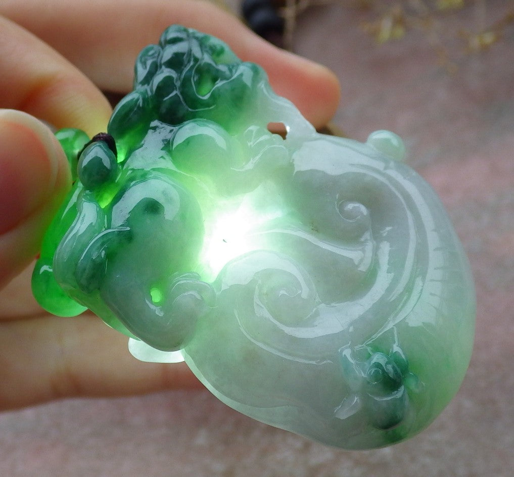 Certified Green Burma 100% Natural A Jade jadeite Pendant Dragon Pi Xiu Bead Necklace 风水貔貅 643135  TN