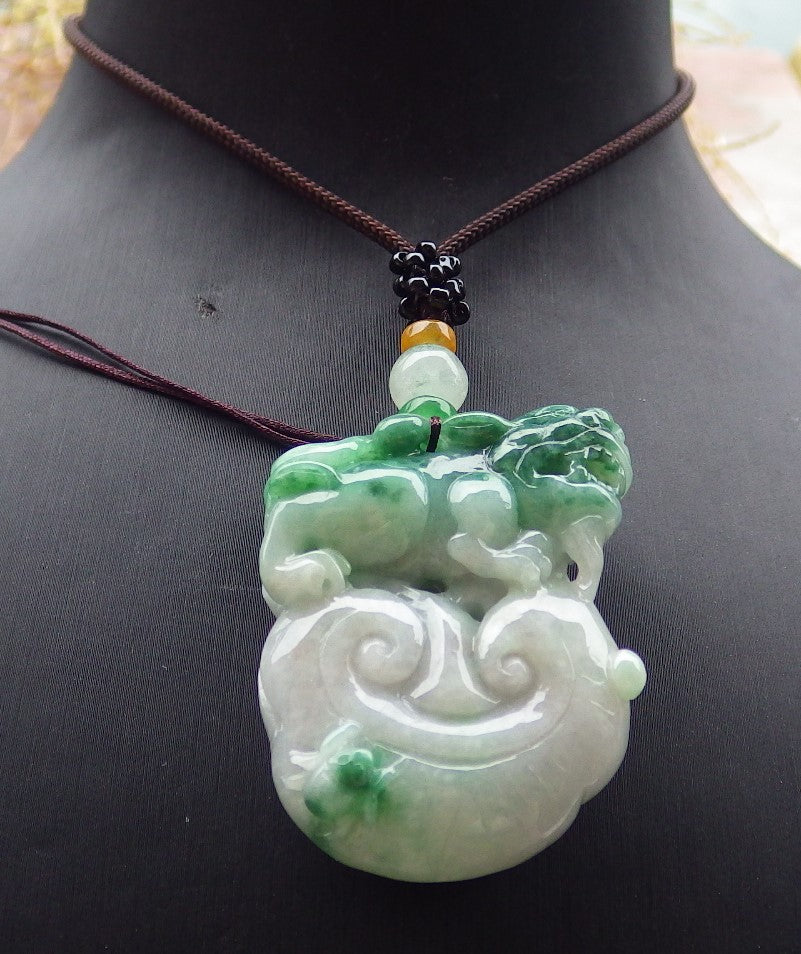 Certified Green Burma 100% Natural A Jade jadeite Pendant Dragon Pi Xiu Bead Necklace 风水貔貅 643135  TN