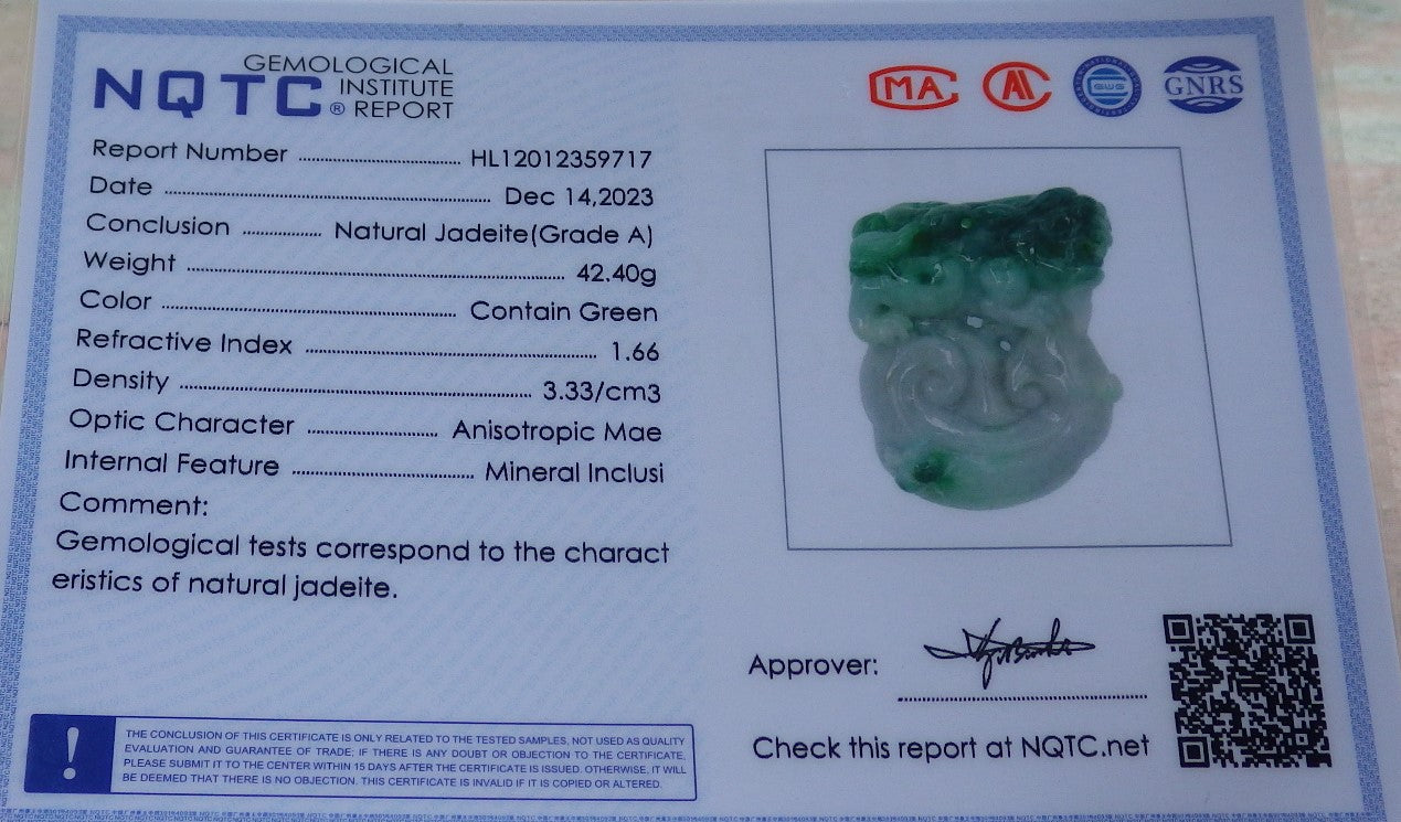 Certified Green Burma 100% Natural A Jade jadeite Pendant Dragon Pi Xiu Bead Necklace 风水貔貅 643135  TN