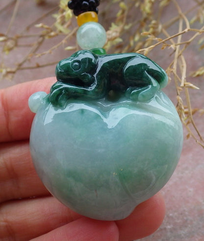 Certified Green Burma 100% Natural A Jade jadeite Pendant Monkey Peach Ruyi Necklace 猴子 643160  TN