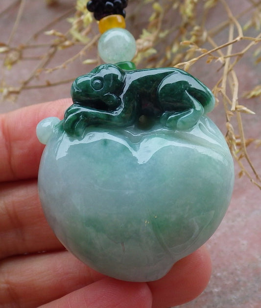 Certified Green Burma 100% Natural A Jade jadeite Pendant Monkey Peach Ruyi Necklace 猴子 643160  TN