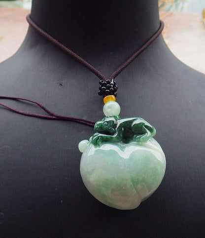 Certified Green Burma 100% Natural A Jade jadeite Pendant Monkey Peach Ruyi Necklace 猴子 643160  TN