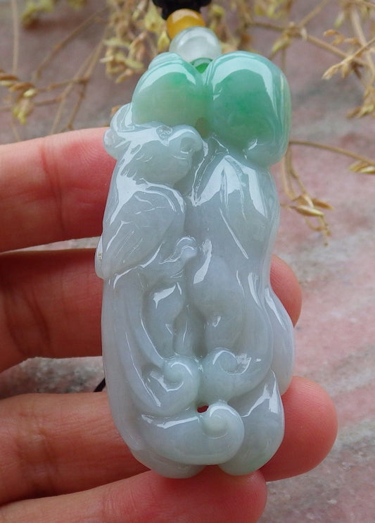 Certified Green Burma 100% Natural A Jade jadeite Pendant Phoenix Peach Ginseng Necklace 凤凰 643167  TN