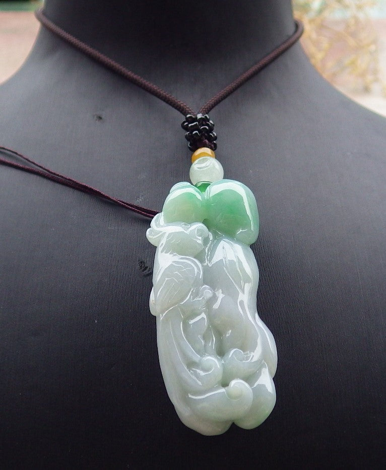 Certified Green Burma 100% Natural A Jade jadeite Pendant Phoenix Peach Ginseng Necklace 凤凰 643167  TN