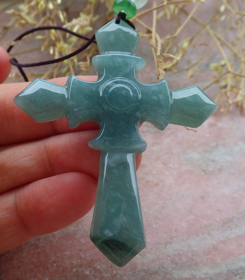 Certified Icy Green Burma 100% Natural A Jade jadeite Pendant Jesus Cross Necklace 十字架 643184  TN