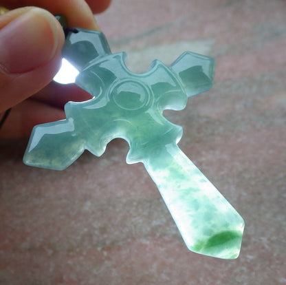 Certified Icy Green Burma 100% Natural A Jade jadeite Pendant Jesus Cross Necklace 十字架 643184  TN