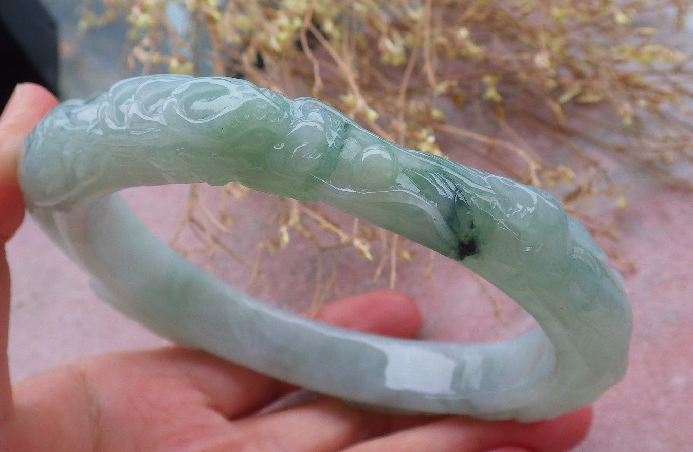 Certified Green Burma 100% Natural A JADE Jadeite Dragon Phoenix Bangle Bracelet 77 mm 手镯 643210  TN