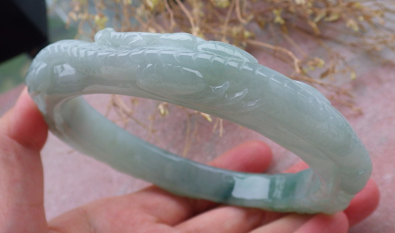 Certified Green Burma 100% Natural A JADE Jadeite Dragon Phoenix Bangle Bracelet 77 mm 手镯 643210  TN