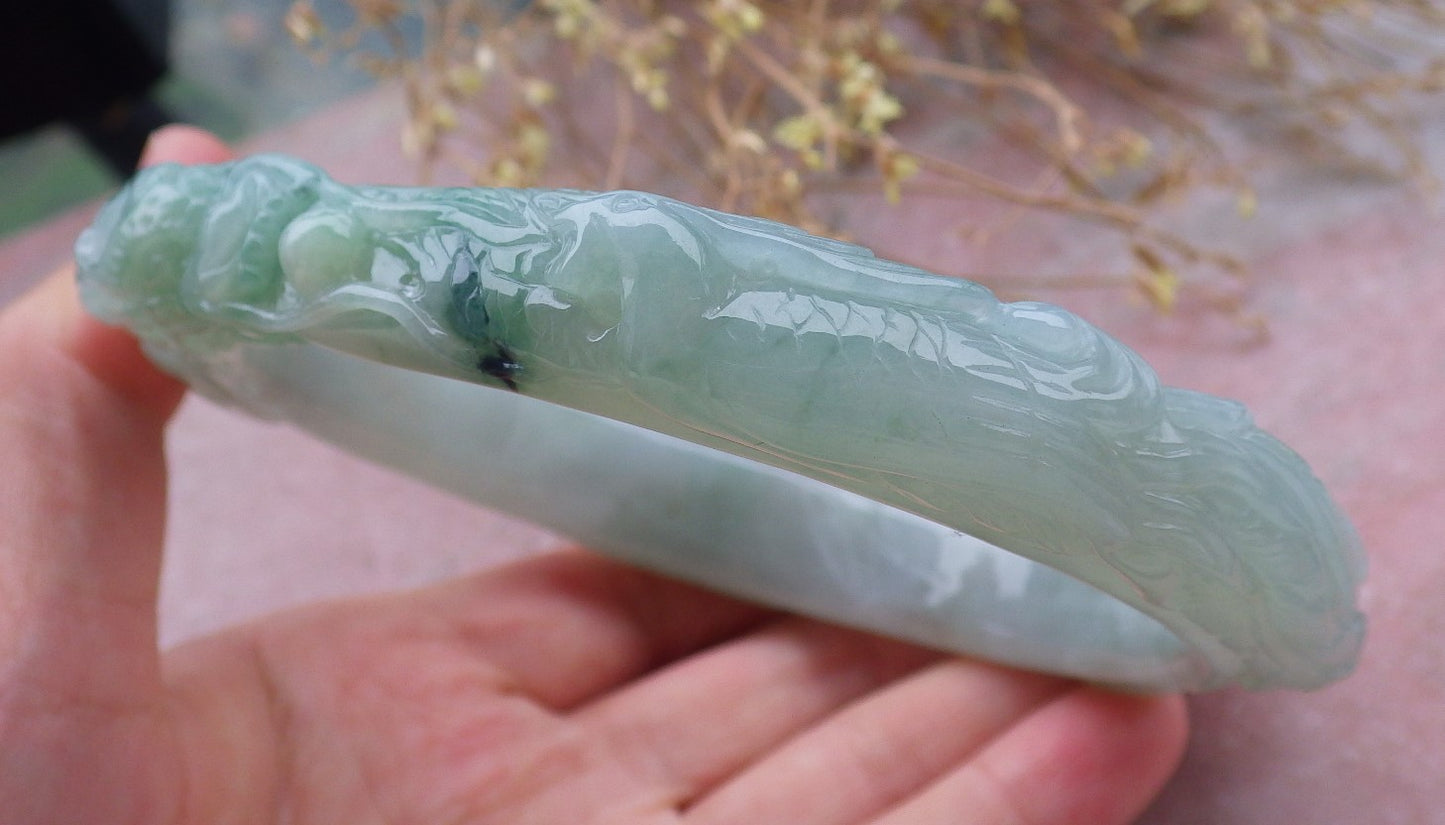 Certified Green Burma 100% Natural A JADE Jadeite Dragon Phoenix Bangle Bracelet 77 mm 手镯 643210  TN