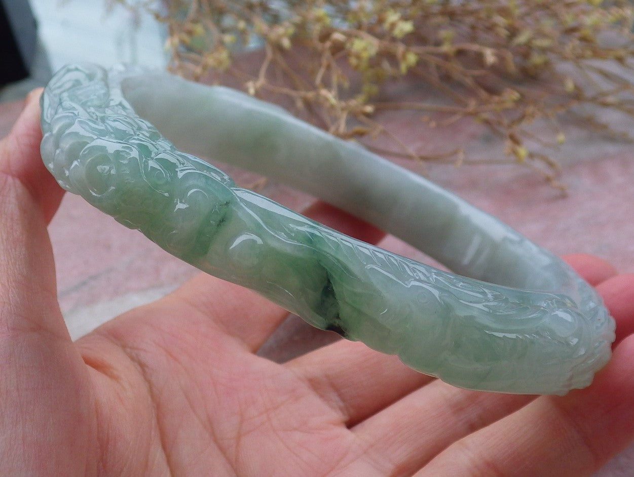 Certified Green Burma 100% Natural A JADE Jadeite Dragon Phoenix Bangle Bracelet 77 mm 手镯 643210  TN