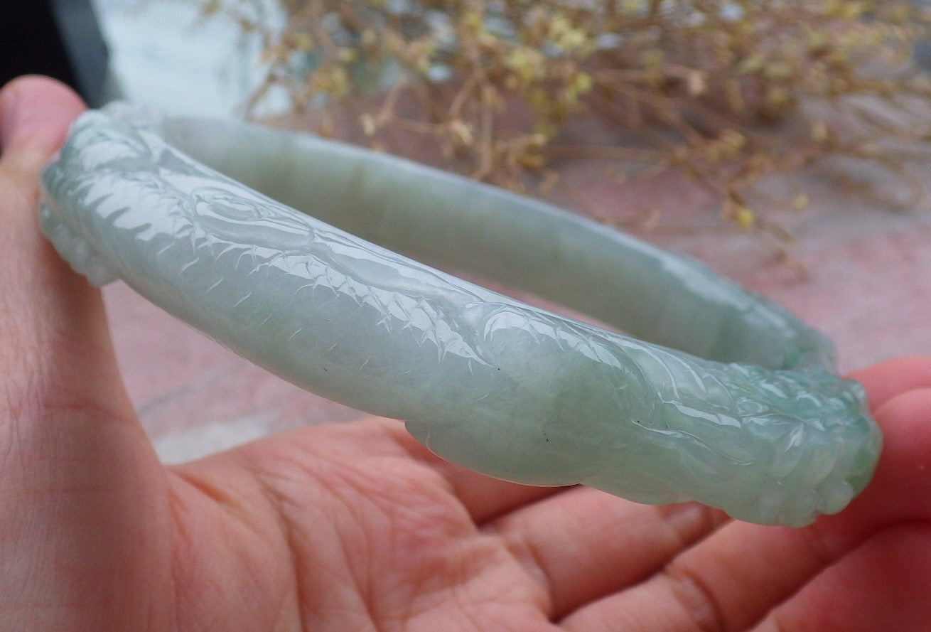 Certified Green Burma 100% Natural A JADE Jadeite Dragon Phoenix Bangle Bracelet 77 mm 手镯 643210  TN