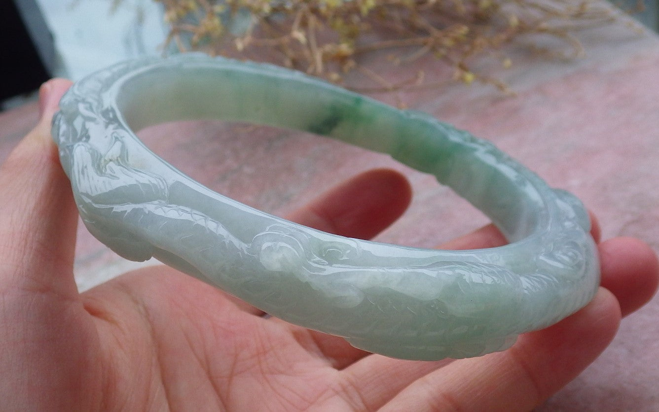 Certified Green Burma 100% Natural A JADE Jadeite Dragon Phoenix Bangle Bracelet 77 mm 手镯 643210  TN