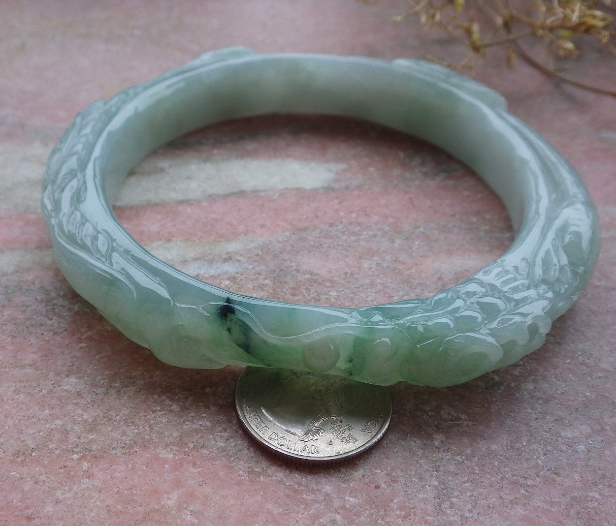 Certified Green Burma 100% Natural A JADE Jadeite Dragon Phoenix Bangle Bracelet 77 mm 手镯 643210  TN