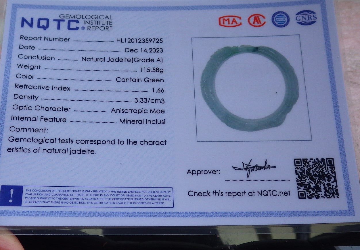 Certified Green Burma 100% Natural A JADE Jadeite Dragon Phoenix Bangle Bracelet 77 mm 手镯 643210  TN