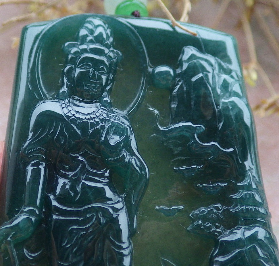 Certified Icy Blue Water Burma 100% Natural A Jade jadeite Pendant Landscape painting Guanyin Kwan Yin Tree Necklace 山水画 643286  TN