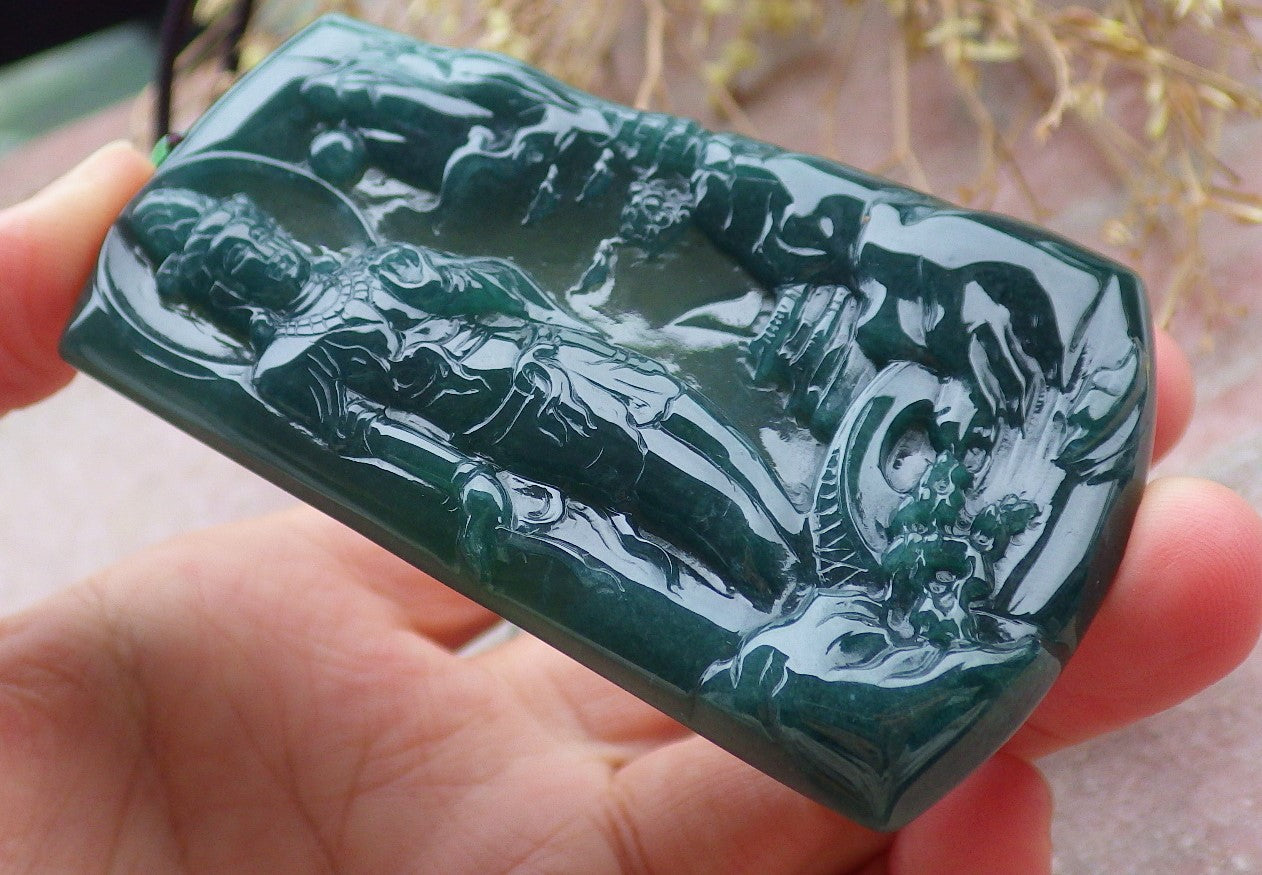 Certified Icy Blue Water Burma 100% Natural A Jade jadeite Pendant Landscape painting Guanyin Kwan Yin Tree Necklace 山水画 643286  TN