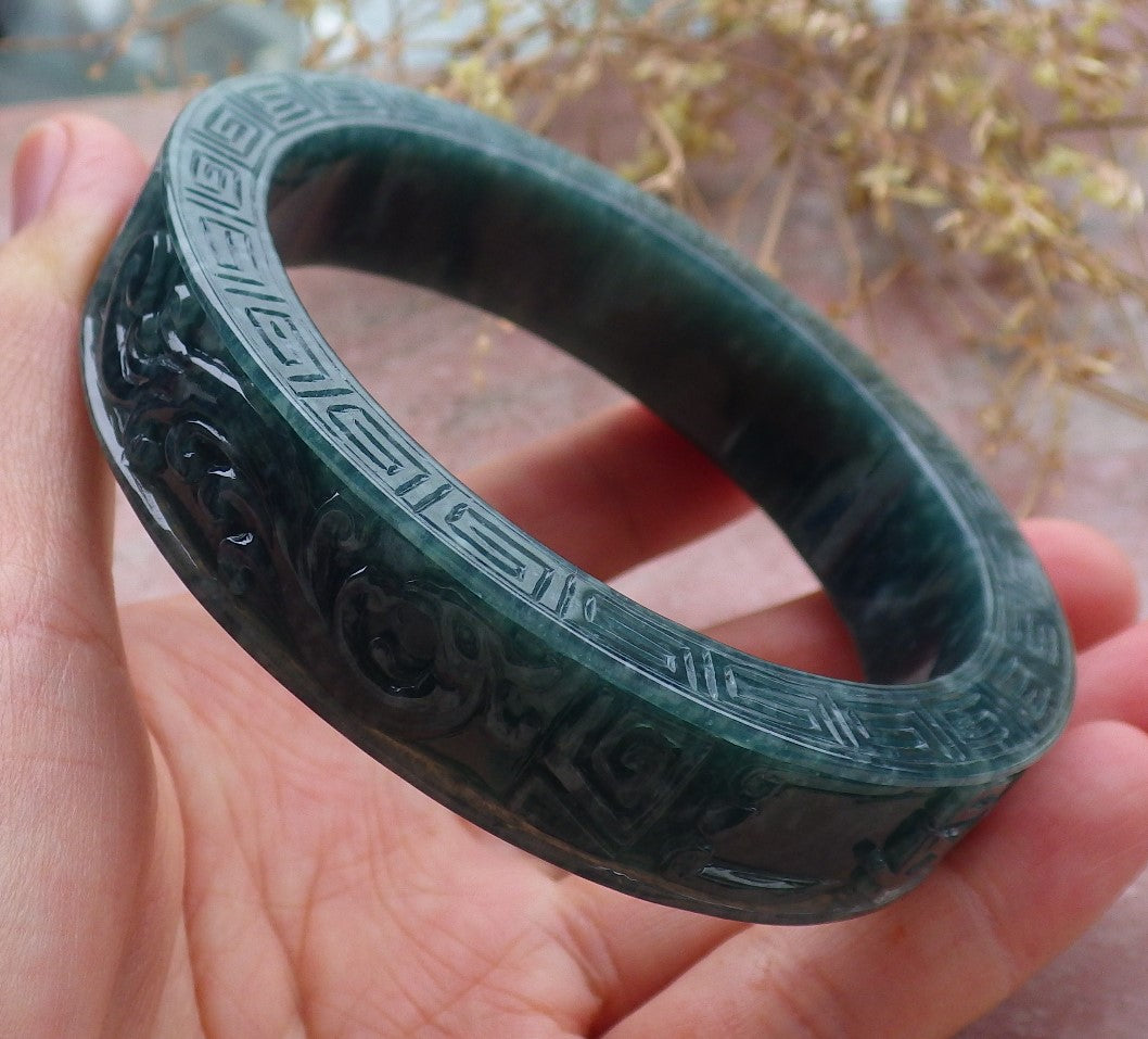 Certified Icy Green Burma 100% Natural A JADE Jadeite Dragon Phoenix Bangle Bracelet 64 mm 手镯 643331  TN