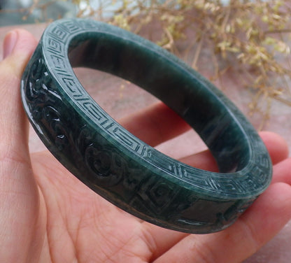 Certified Icy Green Burma 100% Natural A JADE Jadeite Dragon Phoenix Bangle Bracelet 64 mm 手镯 643331  TN