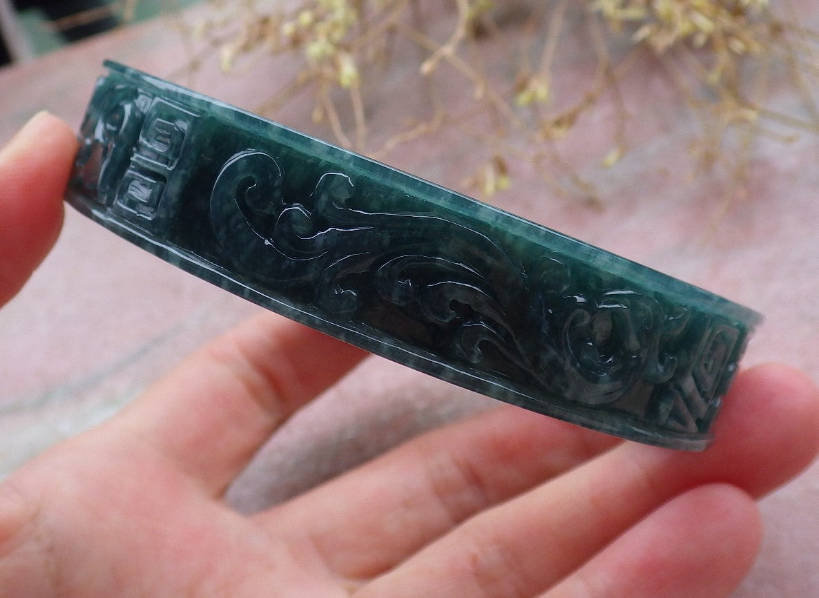 Certified Icy Green Burma 100% Natural A JADE Jadeite Dragon Phoenix Bangle Bracelet 64 mm 手镯 643331  TN