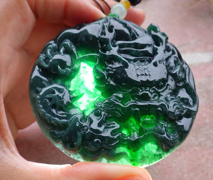 Certified Icy Green Burma 100% Natural A Jade jadeite Pendant Dragon Bead Necklace 生意兴隆 643351  TN