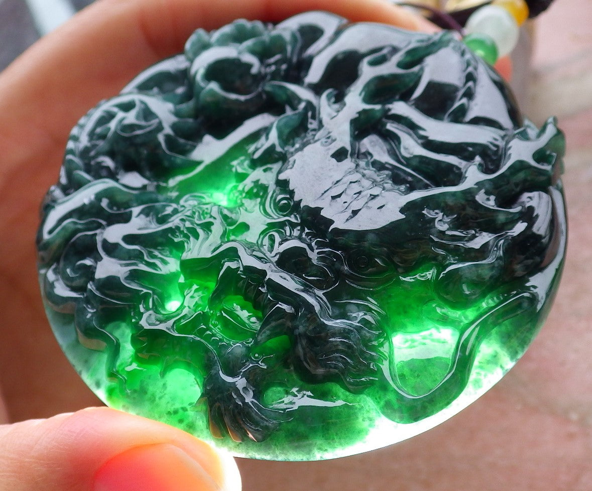 Certified Icy Green Burma 100% Natural A Jade jadeite Pendant Dragon Bead Necklace 生意兴隆 643351  TN