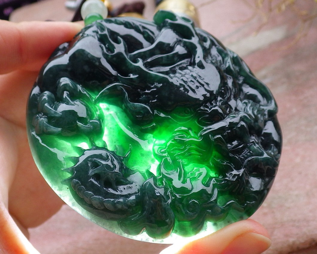 Certified Icy Green Burma 100% Natural A Jade jadeite Pendant Dragon Bead Necklace 生意兴隆 643351  TN