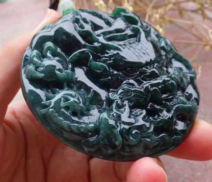 Certified Icy Green Burma 100% Natural A Jade jadeite Pendant Dragon Bead Necklace 生意兴隆 643351  TN