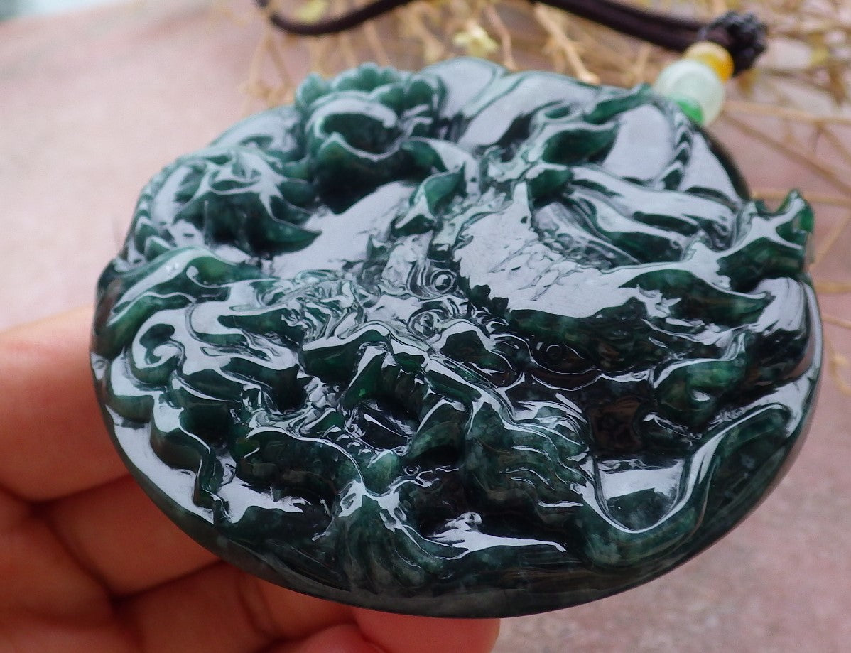 Certified Icy Green Burma 100% Natural A Jade jadeite Pendant Dragon Bead Necklace 生意兴隆 643351  TN
