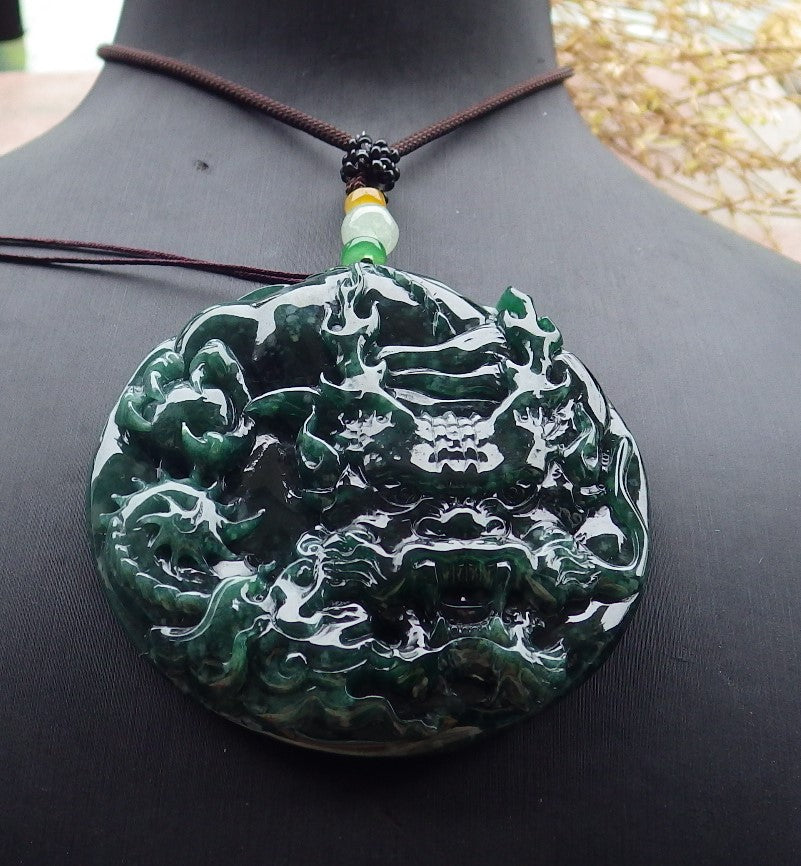 Certified Icy Green Burma 100% Natural A Jade jadeite Pendant Dragon Bead Necklace 生意兴隆 643351  TN
