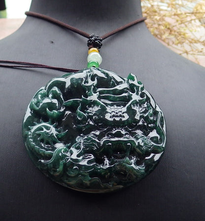 Certified Icy Green Burma 100% Natural A Jade jadeite Pendant Dragon Bead Necklace 生意兴隆 643351  TN