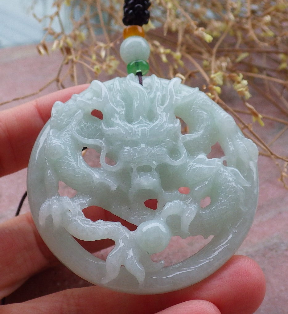 Certified Green Burma 100% Natural A Jade jadeite Pendant Dragon Bead Necklace 生意兴隆 643369  TN