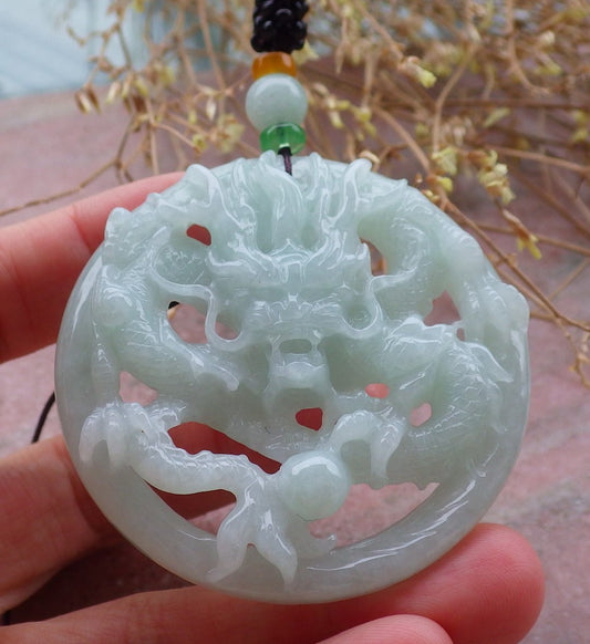 Certified Green Burma 100% Natural A Jade jadeite Pendant Dragon Bead Necklace 生意兴隆 643369  TN