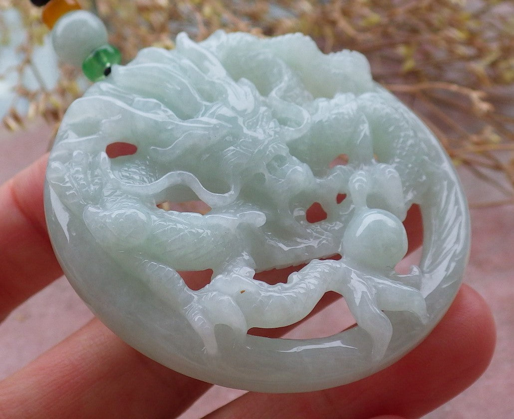 Certified Green Burma 100% Natural A Jade jadeite Pendant Dragon Bead Necklace 生意兴隆 643369  TN
