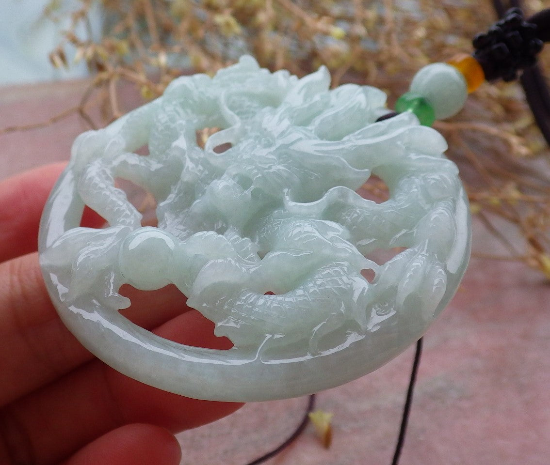 Certified Green Burma 100% Natural A Jade jadeite Pendant Dragon Bead Necklace 生意兴隆 643369  TN