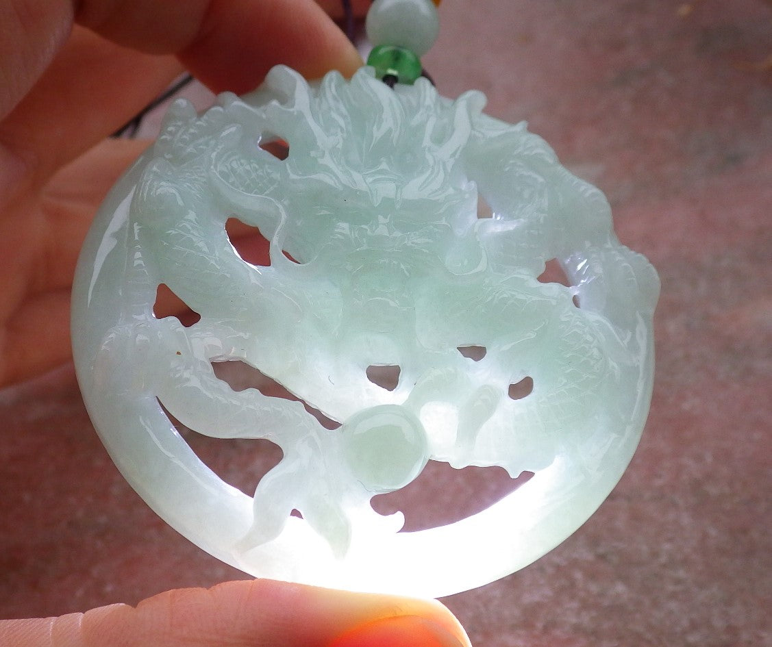 Certified Green Burma 100% Natural A Jade jadeite Pendant Dragon Bead Necklace 生意兴隆 643369  TN