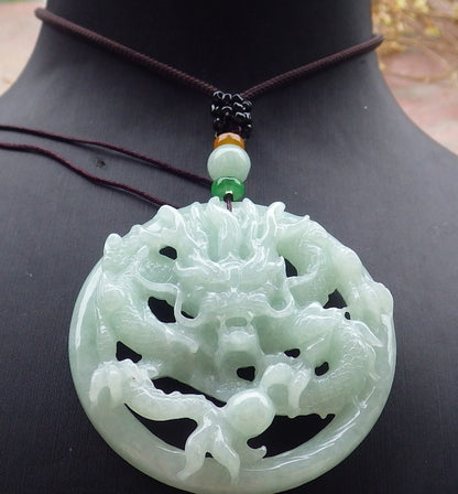 Certified Green Burma 100% Natural A Jade jadeite Pendant Dragon Bead Necklace 生意兴隆 643369  TN