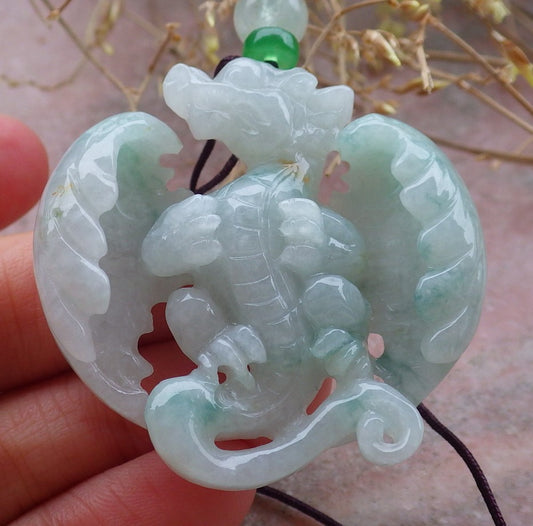 Certified Green Burma 100% Natural A Jade jadeite Pendant Flying Dragon Necklace 生意兴隆 643376  TN