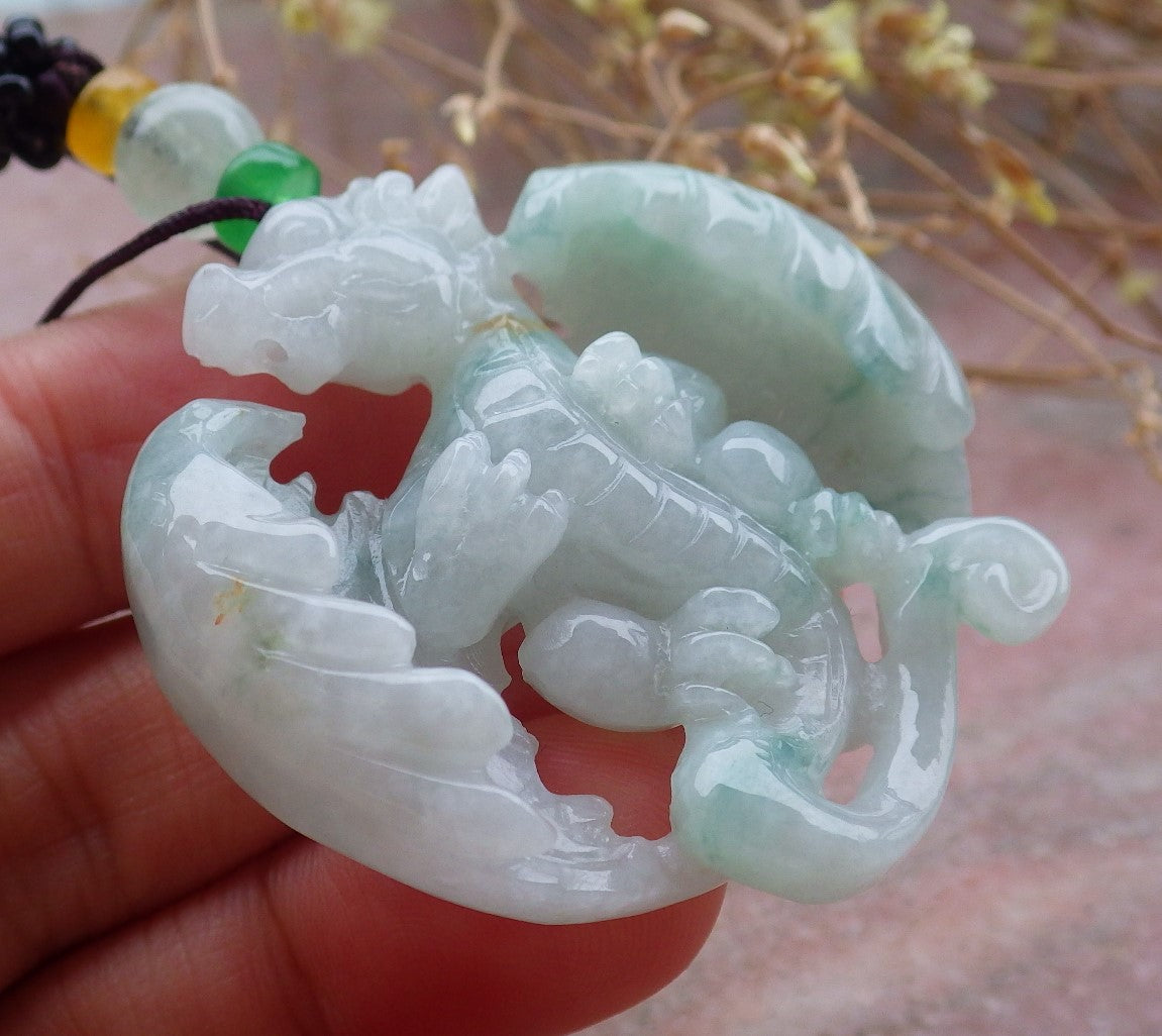 Certified Green Burma 100% Natural A Jade jadeite Pendant Flying Dragon Necklace 生意兴隆 643376  TN