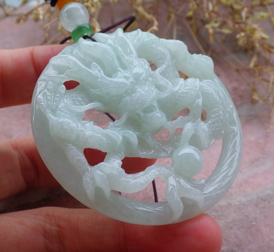 Certified Green Burma 100% Natural A Jade jadeite Pendant Dragon Bead Necklace 生意兴隆 643384  TN