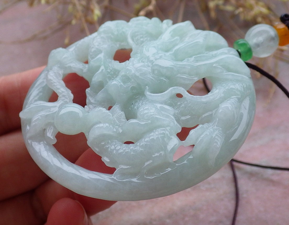 Certified Green Burma 100% Natural A Jade jadeite Pendant Dragon Bead Necklace 生意兴隆 643384  TN