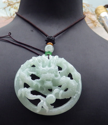Certified Green Burma 100% Natural A Jade jadeite Pendant Dragon Bead Necklace 生意兴隆 643384  TN