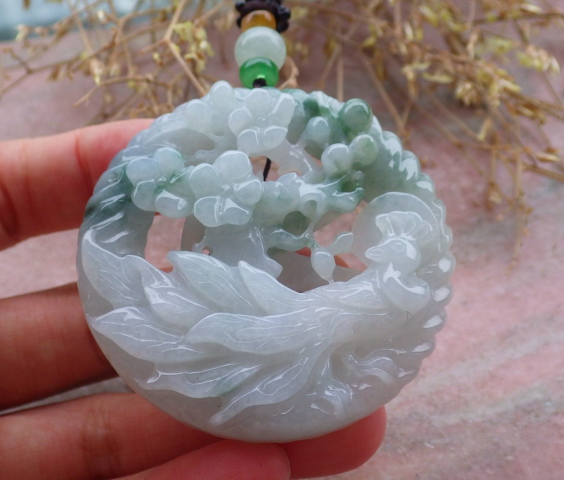 Certified Green Burma 100% Natural A Jade jadeite Pendant Peacock Phoenix Flower Necklace 孔雀 凤凰 643411  TN