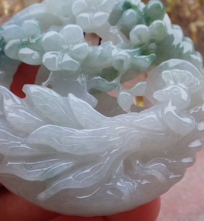 Certified Green Burma 100% Natural A Jade jadeite Pendant Peacock Phoenix Flower Necklace 孔雀 凤凰 643411  TN