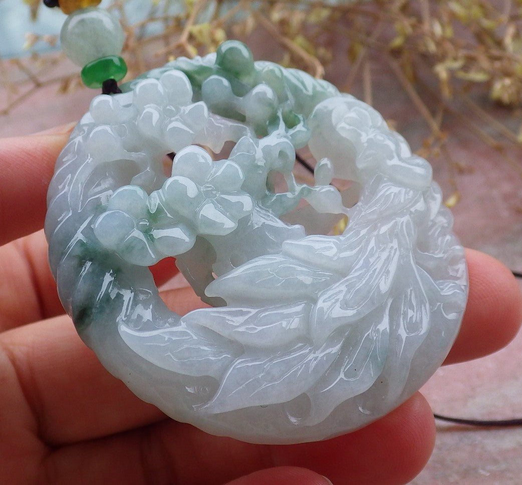Certified Green Burma 100% Natural A Jade jadeite Pendant Peacock Phoenix Flower Necklace 孔雀 凤凰 643411  TN
