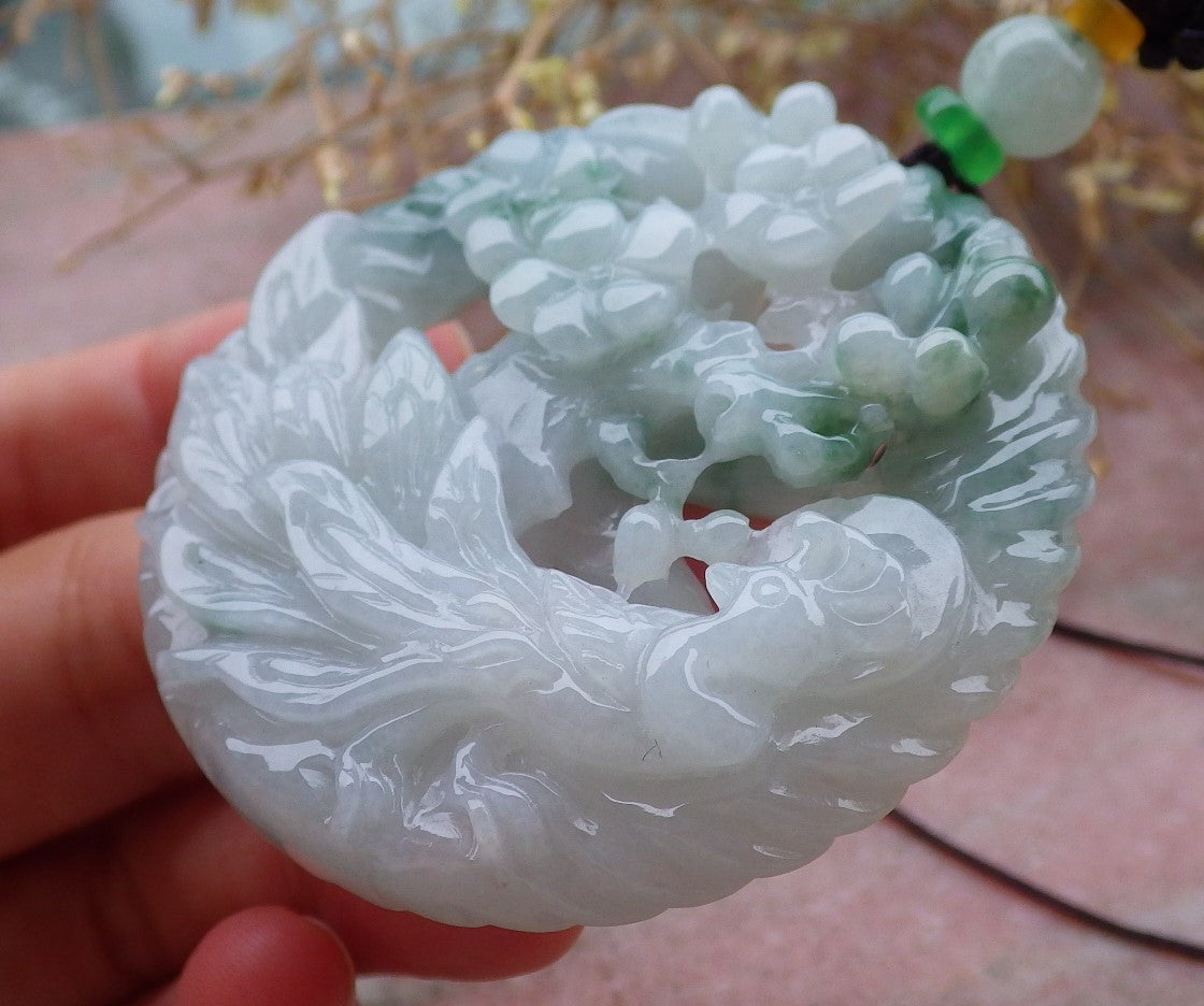 Certified Green Burma 100% Natural A Jade jadeite Pendant Peacock Phoenix Flower Necklace 孔雀 凤凰 643411  TN