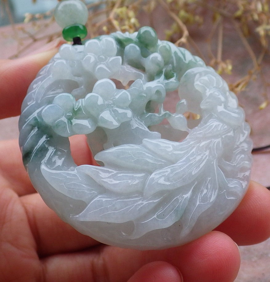 Certified Green Burma 100% Natural A Jade jadeite Pendant Peacock Phoenix Flower Necklace 孔雀 凤凰 643411  TN